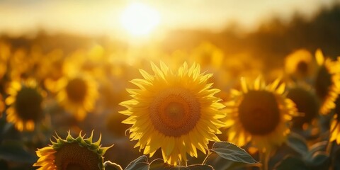 Poster - Stunning sunset illuminating a vibrant sunflowers field, creating a breathtaking view of the sunflowers field basking in golden light during the tranquil evening. Experience the beauty of the
