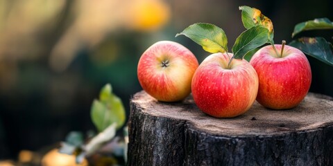 Aufkleber - Fresh apples resting on a stump highlight the essence of healthy vegetarian food. These organic products are a testament to nutritious options like apples for a healthy lifestyle.