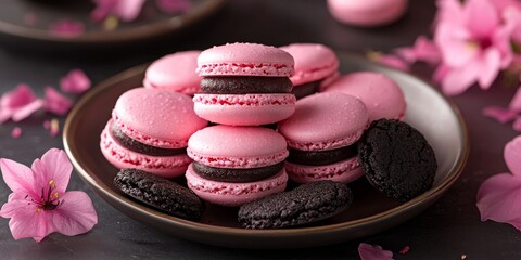 Poster - Delightful pink macaroons paired with rich black cookies create a visually appealing dessert arrangement featuring exquisite pink macaroons and indulgent black cookies for all to enjoy.