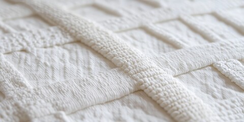 Close up of a white textile texture featuring seams arranged in a cross pattern, highlighting the intricate details of the white textile texture and its unique design elements.