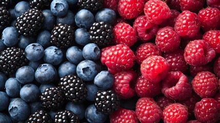 Poster - Freshly Harvested Juicy Variety of Berries, Blueberry, Raspberry, and Blackberry. Enjoy a nutritious experience with these berries, packed with vitamins that are great for health.