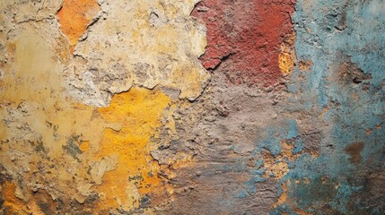 Poster - Close up view of an aged, multicolored plastering surface, capturing the unique textures and colors that characterize this old plastering surface in vibrant detail.