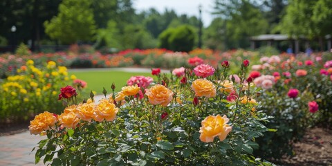 Aufkleber - Vibrant and beautiful roses create a stunning display in the park, showcasing the natural beauty of colorful roses in full bloom, making this park an enchanting spot for nature lovers.