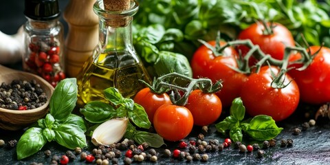 Poster - Fresh and spicy herbs and spices for a Mediterranean diet are featured in this banner. Enjoy tomato, green basil, olive oil, garlic, and more. Embrace vegan healthy food with this cooking concept.