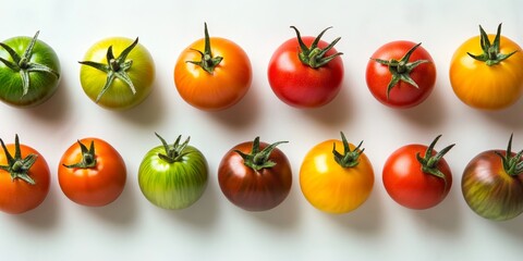 Poster - Fresh tomatoes arranged on a white background, showcasing vibrant colors and textures. These tomatoes highlight the natural beauty and appeal of tomatoes in culinary presentations.