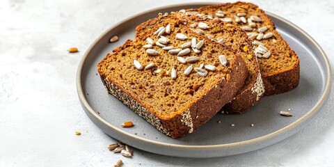 Aufkleber - Two slices of gluten free bread topped with sunflower seeds, flax, and pumpkin rest on a gray plate against a light concrete background, creating a visually appealing gluten free bread display.