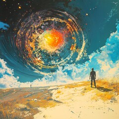 Wall Mural - Surreal Landscape: A Man Contemplates the Cosmic Vortex