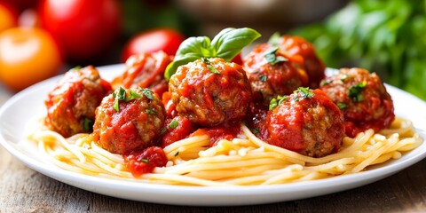 Poster - Selective focus on spaghetti meatballs served with sauce on a white plate, showcasing a classic Italian food style that highlights the deliciousness of spaghetti meatballs in every bite.