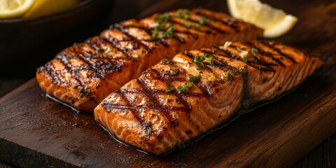 Poster - Grilled fish featuring a fresh salmon fillet showcases a delicious texture, perfectly complemented by a slice of juicy lemon. This grilled fish dish highlights the flavors and appeal of fresh fish.