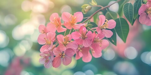 Aufkleber - Fresh nature soft focus captures Pink cassia, showcasing a vibrant bouquet of large blooms on a high tree. The deep pink flowers with long stalks are fully in bloom, embodying summer s vintage style.