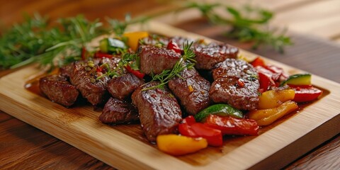 Aufkleber - Close up of a wooden board featuring fried meat and vegetables on a wooden table, emphasizing the beef meat with a shallow depth of field for a striking presentation of the beef.