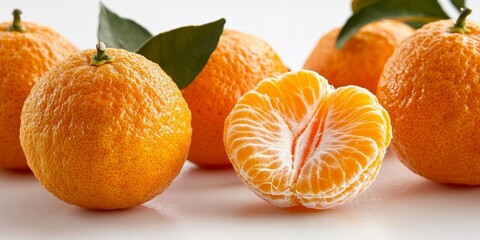 Poster - Two fresh mandarins and one halved mandarin are isolated on a white background, showcasing the vibrant color of fresh mandarins. The image features a full depth of field for clarity.
