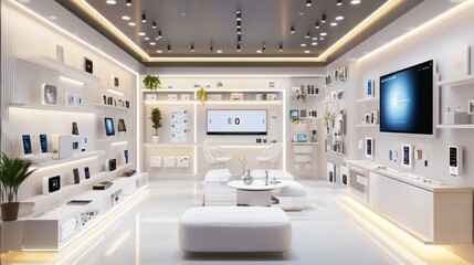 Poster - A futuristic electronics store featuring a smart home section, showcasing the latest smart speakers, thermostats, and home automation systems