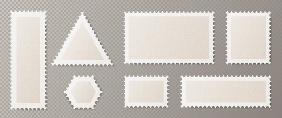 Poster - Postcard stamp frames set in different geometric shapes - vertical and horizontal rectangle, triangle, hexagon with white perforated borders. Vintage mail, philately or scrapbooking design elements.