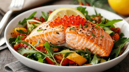 Poster - Healthy seafood option featuring a roasted pink salmon fillet paired with a vibrant vegetable salad, fresh chives, lemon, and red caviar, presented in a white bowl on a wooden table with cutlery.