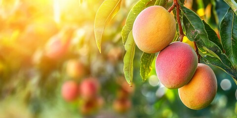 Poster - Mangoes hanging from a mango tree in a lush orchard showcase the beauty and abundance of mangoes, highlighting their vibrant color and fresh appeal in this serene setting.