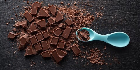 Poster - Contemporary aerial perspective of chocolate on a dark slate tabletop, accompanied by a pale blue spoon, creating letters from light chocolate dusting for a visually appealing presentation.