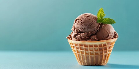 Poster - Waffle cup filled with chocolate ice cream is garnished with mint leaves, set against a pleasing blue background, creating an appealing dessert presentation.
