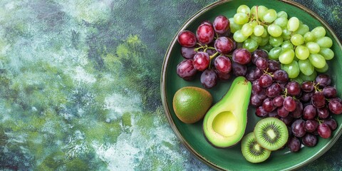 Poster - Fresh grapes, avocado, and kiwi fruit arranged on a green rustic plate create a vibrant display against a marble texture background, perfect for showcasing healthy eating and fresh produce.