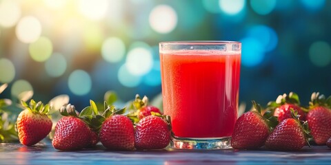Aufkleber - Strawberry juice in a glass sits on a wooden surface with fresh strawberries surrounding it, featuring a blue gradient background and selective focus that highlights the vibrant strawberry juice.