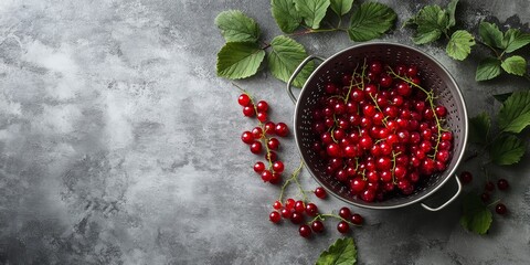 Poster - Ripe red currants displayed in a colander alongside fresh leaves on a textured grey table. This image of ripe red currants offers ample space for your text.
