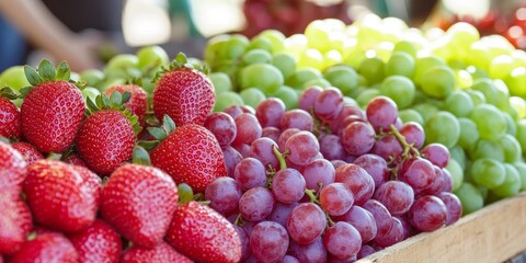 Aufkleber - Fresh strawberries and grapes are beautifully displayed at a vibrant farmer s market, showcasing the delicious strawberries and grapes available for eager shoppers.