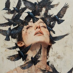 Wall Mural - Surreal Woman and Birds: A Dreamlike Encounter