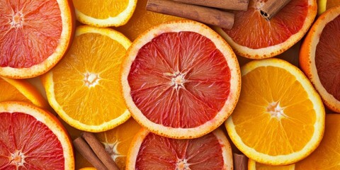 Poster - Vibrant orange and red citrus circle slices garnished with cinnamon create a stunning visual. These citrus slices bring a delightful burst of color and flavor, perfect for culinary inspiration.