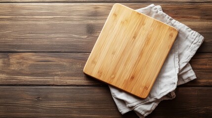 Aufkleber - Bamboo cutting board paired with a cloth napkin creates a harmonious setting on a brown wooden background. This bamboo cutting board emphasizes a natural aesthetic with its blank appeal.