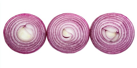 Poster - Three bulbs of sliced red onion are displayed, isolated on a white background, highlighting the vibrant color and texture of the red onion. The red onion is perfect for culinary use.