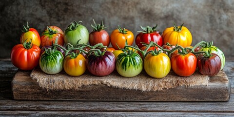 Poster - A vertical image showcasing vibrant heirloom tomatoes arranged on a rustic wooden board, highlighting the beauty and colors of heirloom tomatoes in a natural setting.