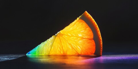 Poster - A lively orange wedge adorned with a spectrum of rainbow colors set against a dark black backdrop creates a striking visual contrast.
