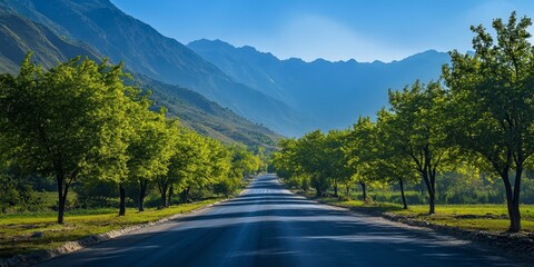Poster - Scenic road lined with vibrant green trees and a backdrop of majestic blue mountains, creating a picturesque landscape that showcases the beauty of nature and tranquility.