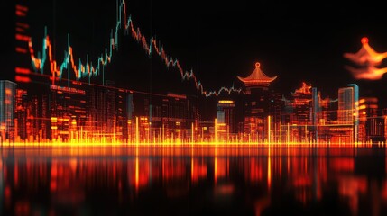 Poster - Dynamic 3D-rendered stock market chart with vibrant candlestick patterns and glowing highlights on a black background.