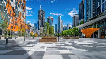 Poster - Dynamic city square with clean paving and a skyline of cutting-edge modern buildings under a clear blue sky.