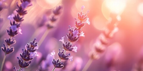 Leinwandbilder - Close up of a lavender bush during sunset, showcasing the vibrant lavender hues and gentle warm light. The soft focus highlights the beauty of the lavender bush in a serene setting.