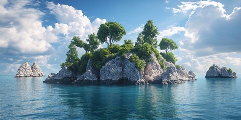 Poster - A secluded island in the sea features a lush green forest atop rugged rocks, offering a picturesque view from the water, ideal for summer travel vacations and exploration of serene landscapes.