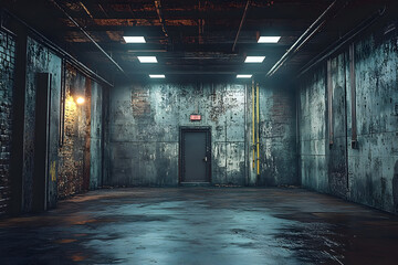 Poster - A 3D-rendered dark, grungy industrial basement room with a low-key white light background texture provides setting for stock photography