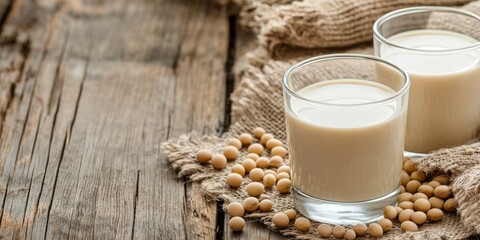Aufkleber - Soybeans and soy milk displayed beautifully on a wood grain table, showcasing the versatility of soybeans and their use in creating nutritious soy milk. Perfect for healthy lifestyle concepts.