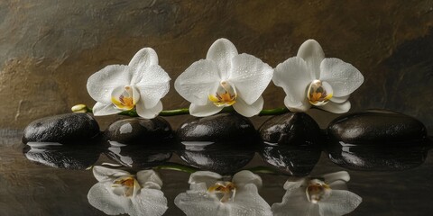 Aufkleber - Still life arrangement featuring three white orchids gracefully positioned on wet zen stones, creating a serene atmosphere that highlights the beauty of the white orchids and natural elements.