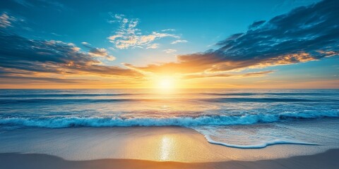Aufkleber - Vibrant ocean beach sunrise showcasing a deep blue sky and golden sun rays, creating a breathtaking view of the colorful ocean beach landscape at dawn. Ocean beach sunrise adds to its beauty.