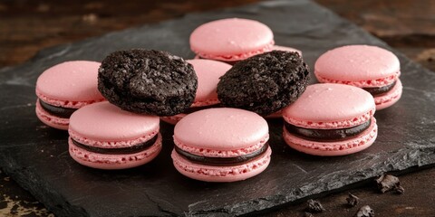Poster - Delightful pink macaroons paired with rich black cookies create a visually appealing dessert arrangement featuring exquisite pink macaroons and indulgent black cookies for all to enjoy.
