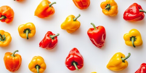 Aufkleber - Vibrant red, yellow, and orange peppers arranged on a clean white background. These multicolored peppers create a striking composition perfect for showcasing fresh vegetables.