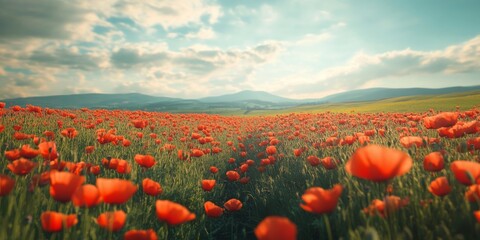 Leinwandbilder - Stunning summer poppy field landscape featuring cross processed retro effects, enhanced by differential focus techniques that create a captivating shallow depth of field in the image.