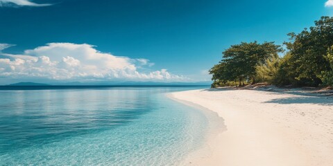 Poster - Stunning white sand beach showcasing the beauty of a tranquil coastline. The beautiful white sand beach invites relaxation and enjoyment under the sun, perfect for beachgoers seeking serene getaways.