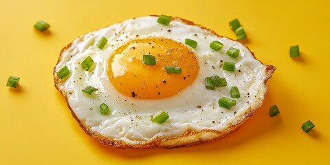 Aufkleber - Sunny side up, a vibrant presentation of fried eggs topped with fresh green onions, showcasing the delightful appeal of sunny side up eggs against a cheerful yellow background.