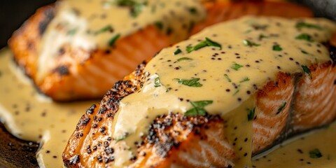 Poster - Close up of salmon served with a creamy mustard sauce, highlighting the delicious flavors of salmon enhanced by the rich and tangy creamy mustard sauce in an appetizing presentation.