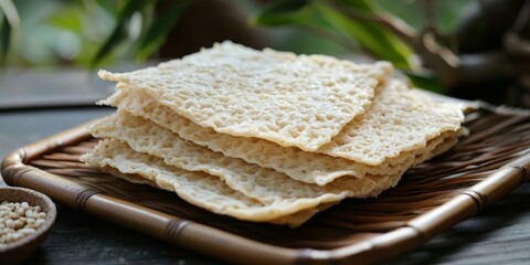 Aufkleber - Thinly sliced raw tapioca tempeh, prepared for dry frying, showcases the unique texture and flavor of tapioca tempeh in a versatile culinary ingredient ready for various dishes.