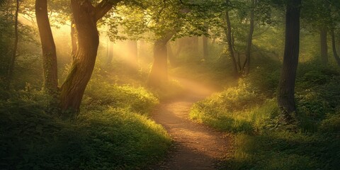 Aufkleber - Serene forest path illuminated by sun rays at sunrise, enveloped in a gentle fog. This enchanting forest path captures the beauty of nature, with sun rays enhancing the mysterious ambiance.
