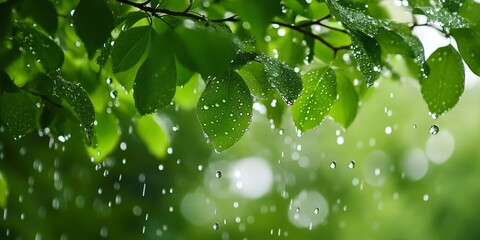 Aufkleber - Close up view of rain drops on a tree in a wooded area, highlighting the beauty and serenity created by the rain drops on the tree s leaves and branches. Rain drops enhance the natural scene.